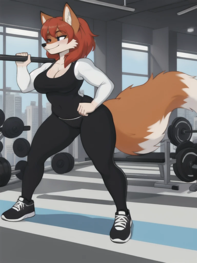 Furry, fox, female, white shirt, black leggings, shoes, gym, teen, full body