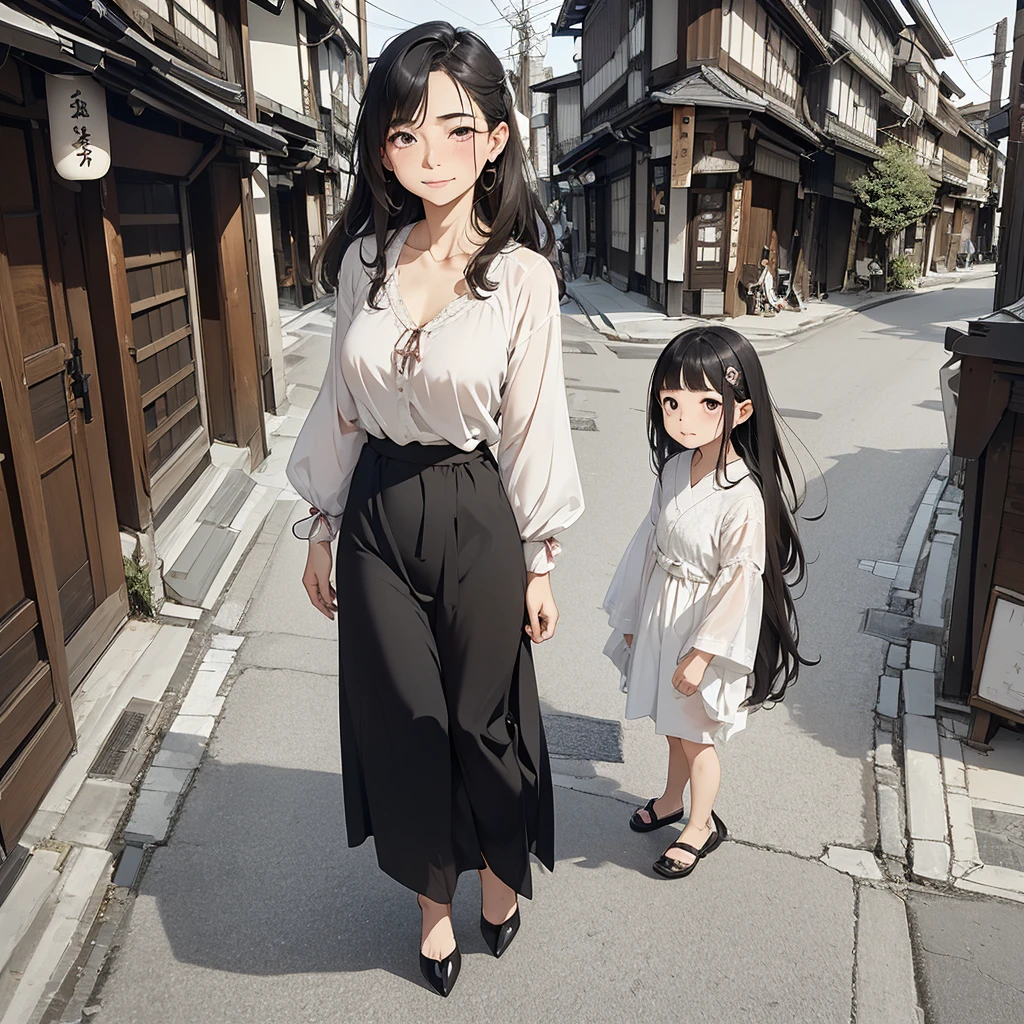 ((Highest quality)), ((8K)), ((masterpiece:1.3)), (Perfect look), (Photorealism:1.6), (One Japanese Mature), (A woman walking through an old street lined with Japanese houses), (Tenement houses on both sides of the road), Blurred Background, (PT, JMA), ((画面中央にOne Japanese Mature)), ((Realistic skin texture)), (Fine wrinkles all over the skin:1.3), (Dull skin:1.1), (Unmoisturized skin:1.2), (Facial wrinkles:0.9), (Wrinkles around the eyes:1.2), double eyelid, Tear bags on the lower eyelids, (Crying Mole:0.9), The eyes are watching me, Serious look, (Dimples on cheeks:1.2), (Short bangs:1.2), Long hair with curled ends, (Hair over the ears), Smiling with the corners of his mouth turned up, (Red blouse), (Black long skirt), Soft fabric blouse, (Wide-necked blouse: 1.4), Wide sleeves, Cuffs that fit snugly around the wrist, Long Skirt, Small breasts, (Salmon pink lips), (Red high heels:1.2), (Standing posture, Full body portrait:1.4), (Angle from the feet:1.4),