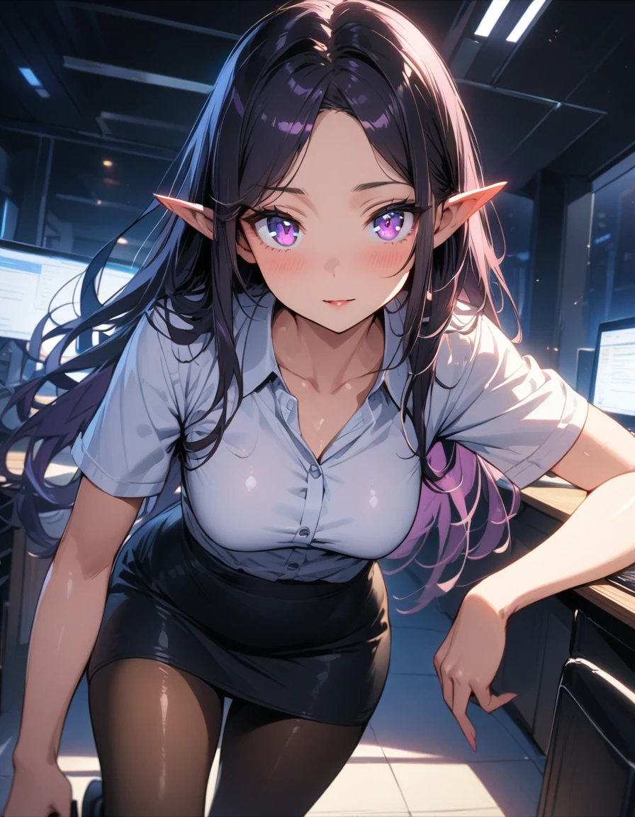 ((highest quality, best quality, masterpiece, ultra high definition, high dynamic range, ultra high resolution)), ((ultra-detailed illustrations:1.2)), 1 girl, solo, anime style, dynamic lighting, dynamic angle, looking at viewer, indoor, office, (beautiful detailed face, beautiful detailed skin, shiny skin, pointed ears, mid-chest), (beautiful detailed hair, parted bangs, long hair, black hair, dark purple hair, multi colored hair), (beautiful detailed eyes, beautiful detailed pupils, violet eyes), (white shirt, collared shirt, short sleeves, black mini skirt, pantyhose)