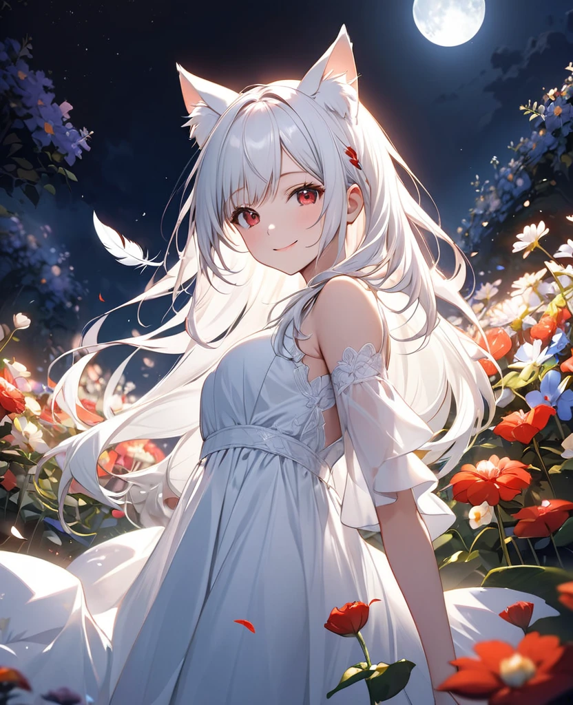 Attractive long white hair, Detailed and precise manual work, Attractive girl, White cat ears, Looking at me, her cheeks are red and she is smiling,It has a large white feather on its back., A subject that stands out against the dark night sky,In the center of the flower garden, White dress, Dramatic moonlight that makes your subject stand out, Dynamic shot from below,