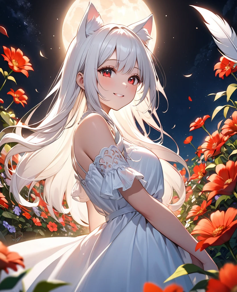 Attractive long white hair, Detailed and precise manual work, Attractive girl, White cat ears, Looking at me, her cheeks are red and she is smiling,It has a large white feather on its back., A subject that stands out against the dark night sky,In the center of the flower garden, White dress, Dramatic moonlight that makes your subject stand out, Dynamic shot from below,