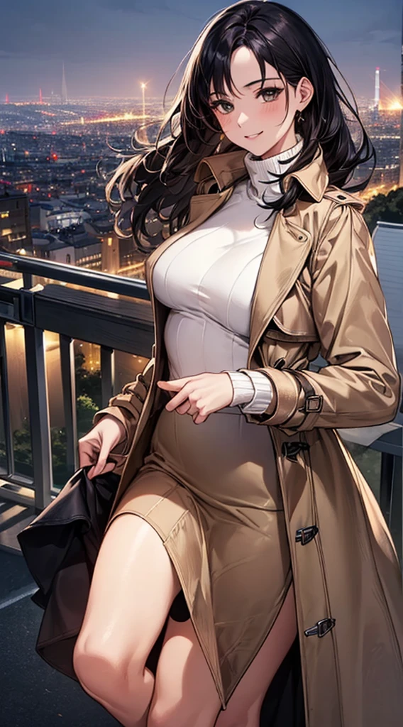 (8k, Highest quality, Masterpiece:1.2, Very detailed), (Realistic), Beautiful art, Visual Arts, Depth of written boundary, Cinema Lighting, ,
((Perfect Anatomy, Anatomically correct, Very detailed肌)), 1 Beauty Witch, Japanese, 30 years old, (Ultra-oily, lustrous skin with attention to detail:1.1), Take in the view, A soft smile、(Smile, Lips parted),
Beautiful Hair, Beautiful Face, Beautiful attention to detail, (Mid-length hair:1.4, Black Hair), Parted bangs, Baby Face,
Beautiful clavicle, Beautiful body, Beautiful breasts, Beautiful thighs, Beautiful feet,
(Open Court、Beige trench coat:1.4), ((White turtleneck sweater:1.4))、((Black long skirt 1.4))、
(Beautiful views), (night), (city, cityscape in the distance), Are standing、