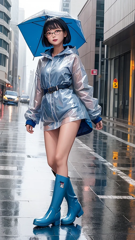 (a girl dancing in the rain with rain-boots and raincoat), ((Idol level girl)), masterpiece, Best image quality, Super detailed, (Perfect body:1.3), (Perfect Face+Glasses+Messy Hair+Blue and grey bob hair), closure, Audience'Opinion, Detailed Hair,Bright smile、Delicate blue eyes, (Vivid eyes),Professional Lighting,Large sagging breasts, 8K, of the highest quality, dancing, masterpiece:1.2), (smile:1.2), (joyful expression:1.0), (short pants:1.3), (Realistic, Photorealsitic:1.37), the highest quality, masterpiece, (wet street:0.4), wet, rain, ((pale blue hair)), Beautiful young woman, Pensive expression, charming, an inviting look, ((bob hair)), dynamic posing, Cinematic background, Light skin tone,