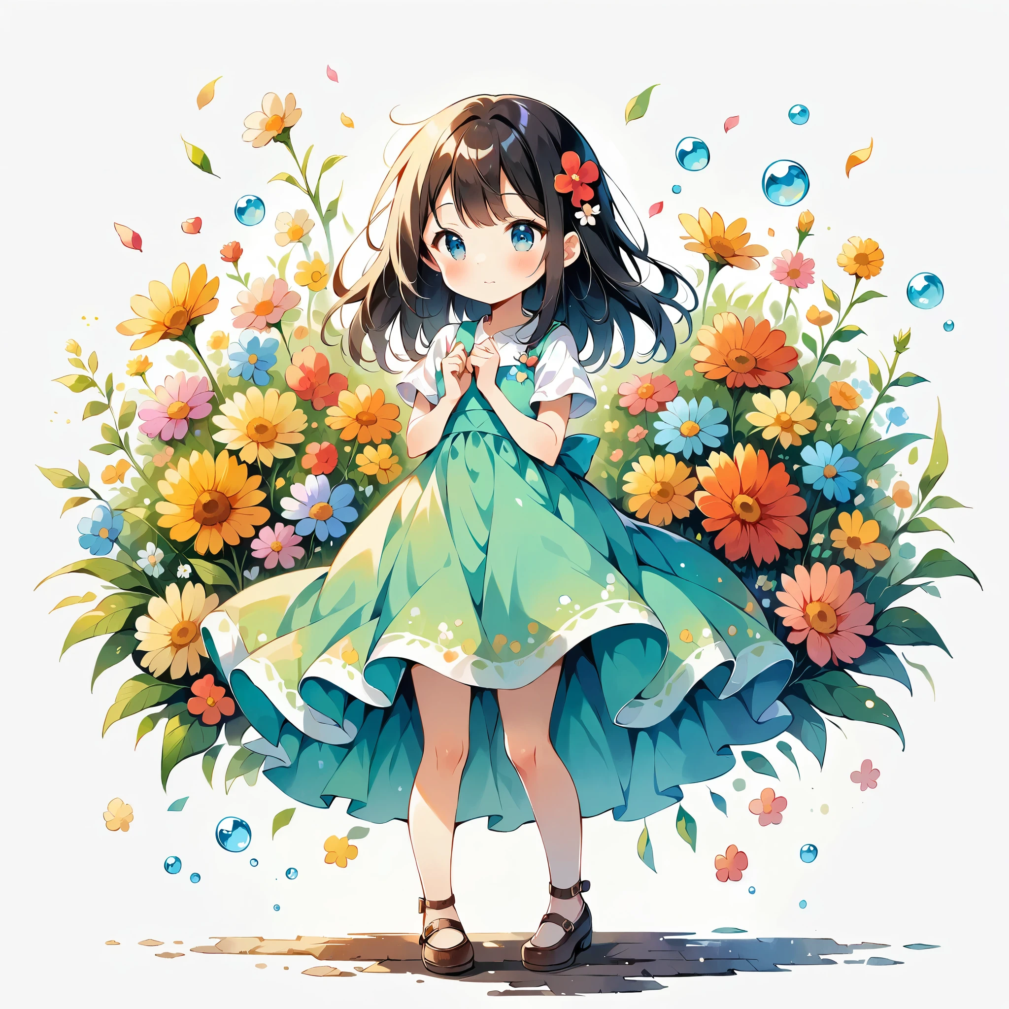 (Anime Style:1.2, masterpiece:1.2),(((1 girl))),((Little, Full body view))), Girl wearing flowers, Watercolor, Simple illustration, Flower storm, Colorful Water Bubbles,