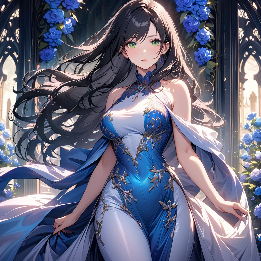 girl, black hair,  long hair, green eyes, magical silk fabric, mature woman, gorgeous, beautiful background, super detail, beautiful color, main face, front face, beautiful dress, blue flowers