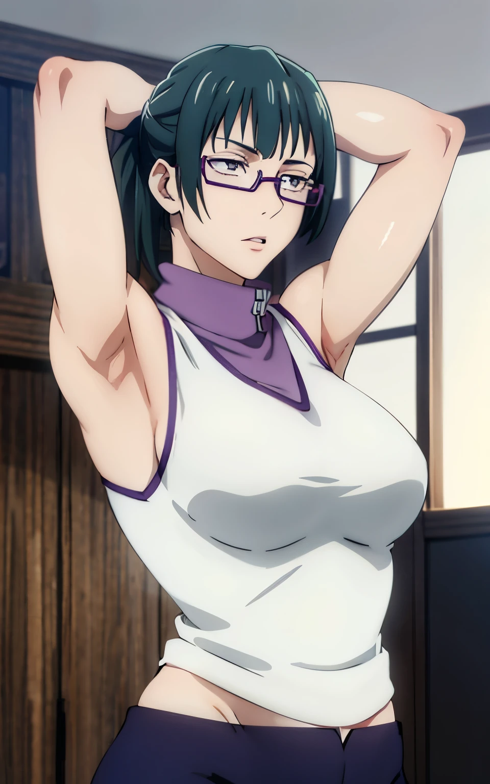 Maki Zenin, white shirt with collar, curved, dark green hair, well proportioned, muscular, large thighs, medium chest, purple glasses, office background, arms up, armpits visible