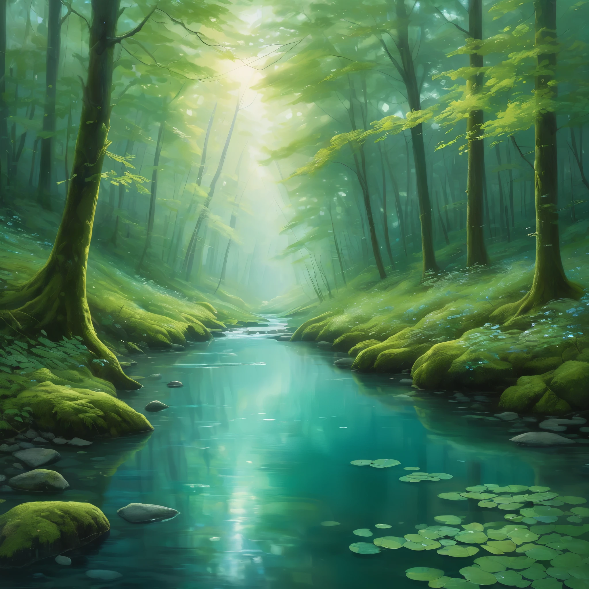 Create an incredibly stunning and unique image utilizing "Analogous Colors." Imagine a serene, mystical forest at dawn, where the colors blend seamlessly from one hue to the next. The primary color palette consists of shades of blue, green, and teal, creating a harmonious and tranquil atmosphere.
In the foreground, a crystal-clear stream winds its way through the forest, its waters reflecting the vibrant greens of the moss-covered rocks and the delicate blue of the morning sky. Along the stream, luminous plants and flowers glow softly, their colors ranging from deep emerald to light turquoise.
The trees in the forest have ethereal, flowing branches with leaves that transition smoothly from one analogous color to another, creating a canopy that feels both magical and serene. Rays of sunlight filter through the leaves, casting a gentle, dappled light on the forest floor, enhancing the sense of peace and wonder.
In the background, the forest fades into a misty blue, with hints of teal and green blending together to create depth and mystery. The overall composition is balanced and fluid, with each element contributing to the harmonious color scheme.
The entire image should evoke a sense of calm, beauty, and enchantment, capturing the delicate interplay of analogous colors in a fantastical and immersive natural setting.