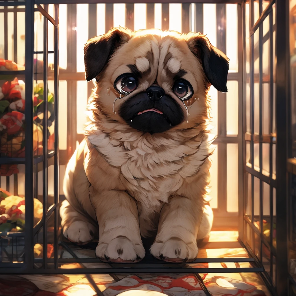 Pug puppy with white fur、(Only the ears are black:1.3)、Inside the pet shop、Crying in a cage、Sad expression