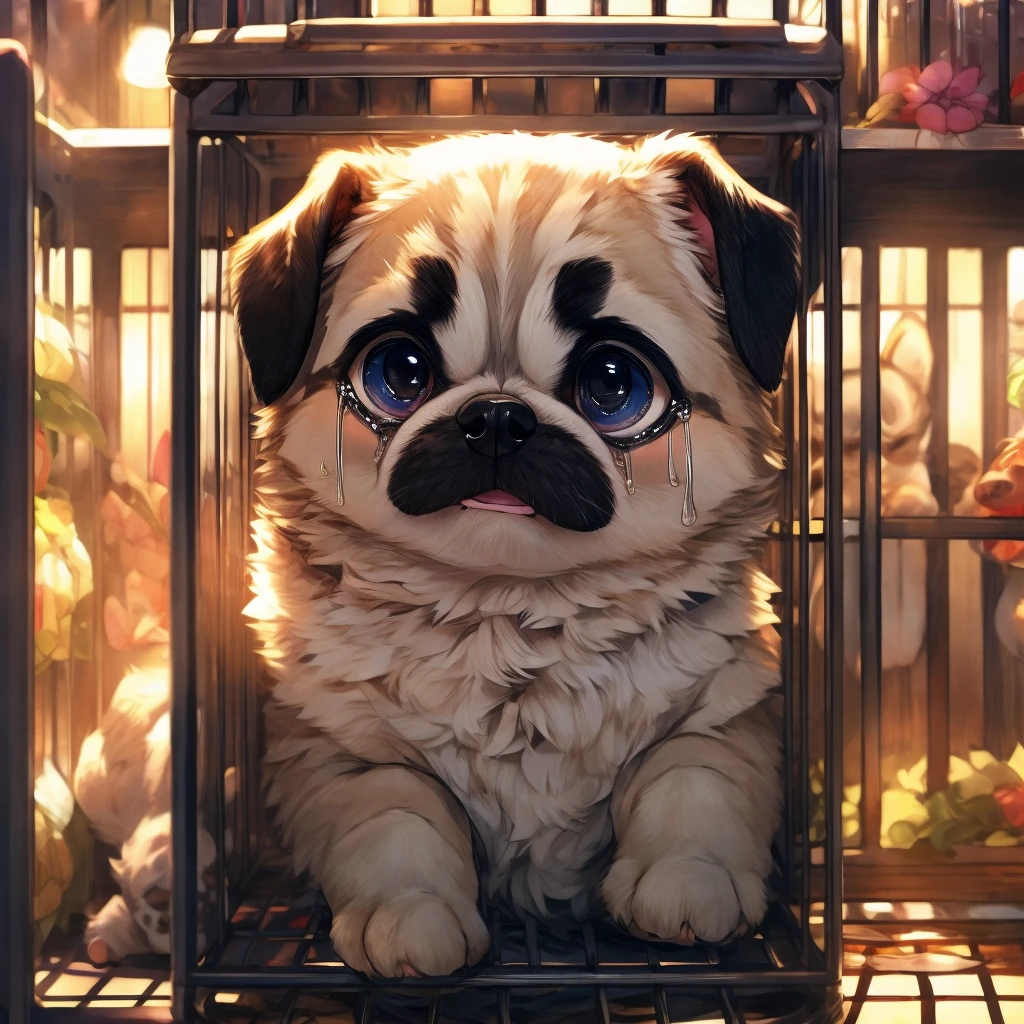 Pug puppy with white fur、(Only the ears are black:1.3)、Inside the pet shop、Crying in a cage、Sad expression