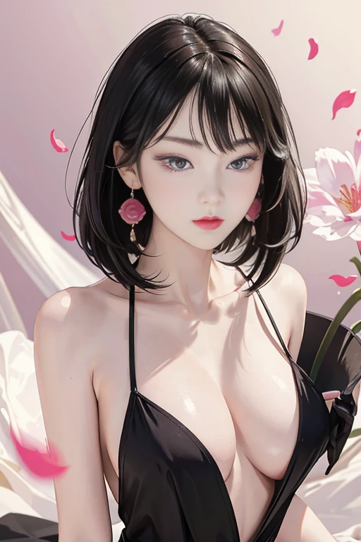 tsuruta ichiro, Narrow-eyed, 1girl in, Allback、deadpan、short-hair、shorth hair、brow、Reluctance、A dark-haired、Tucked Hair Solo, Cowgirl, Onepiece, ((mideum breasts)), Thin slit eyes、Black eyes, Light shines on the eyes、Black hair, gloves, Dress, Luxurious Jewelry, earrings, sharp eye、 elbow groves,Raise your hands and tie your hair back, random color, random color dress, Makeup for long eyes, Slender eyes、lip stick, Complex petal pattern, Rim Light, Back Light, pastel color,Studio Lighting