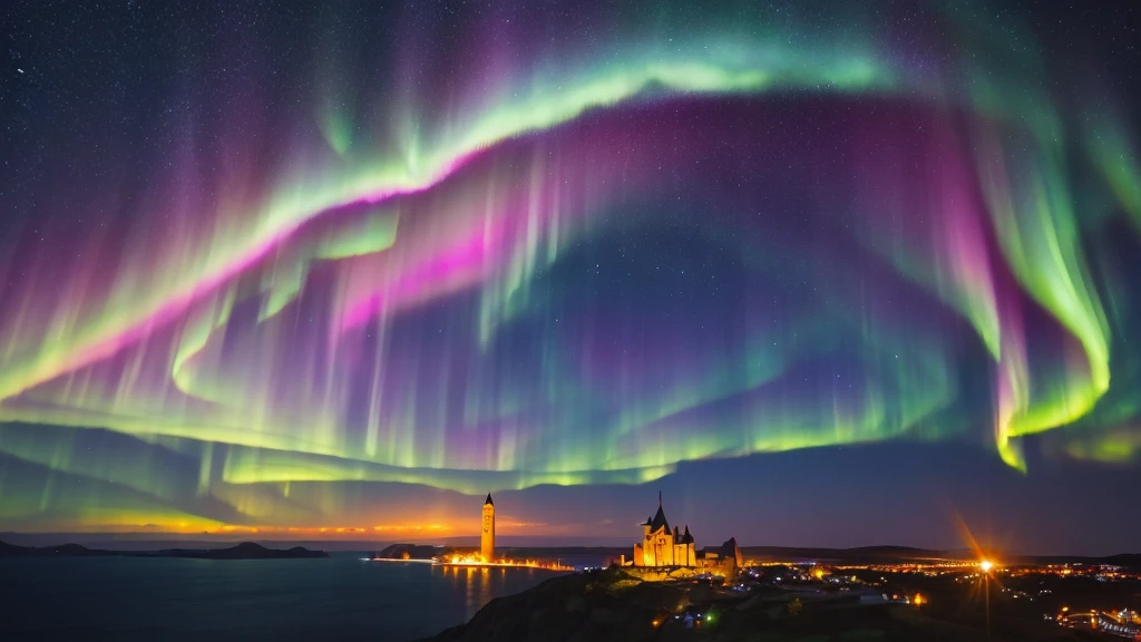 (Soar:1.1), (meteor:1.2), (comet:1.1), Low - Angle, Alolan Aurora, meteor, Highest quality, masterpiece, cloud, bright,Rich and colorful, Medieval castle,Landscape painting,