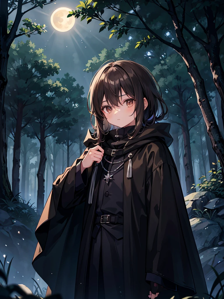 A young 10-year-old boy. He has warm brown eyes. His hair is a pitch black. He sports a flowing black cloak. The moonlight brightens the dark forest around him.