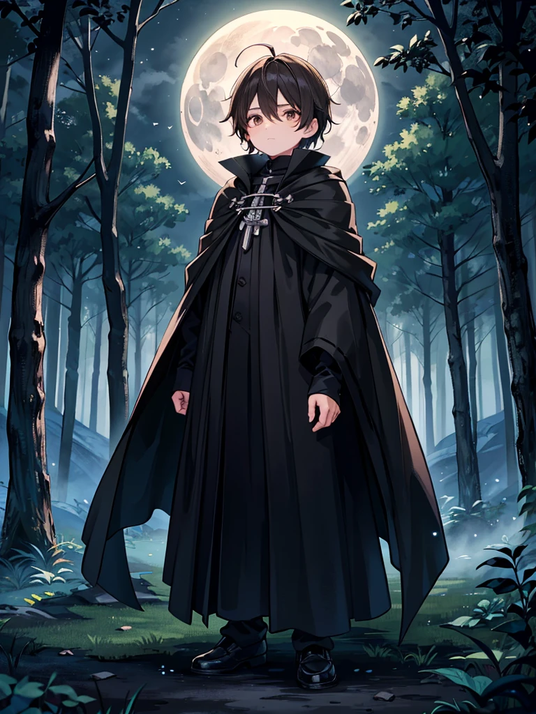 A young 10-year-old boy. He has warm brown eyes. His hair is a pitch black. He sports a flowing black cloak. The moonlight brightens the dark forest around him.