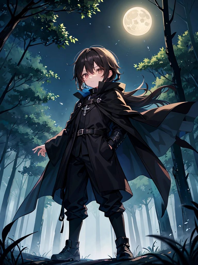 A young 10-year-old boy. He has warm brown eyes. His hair is a pitch black. He sports a flowing black cloak. The moonlight brightens the dark forest around him. 
