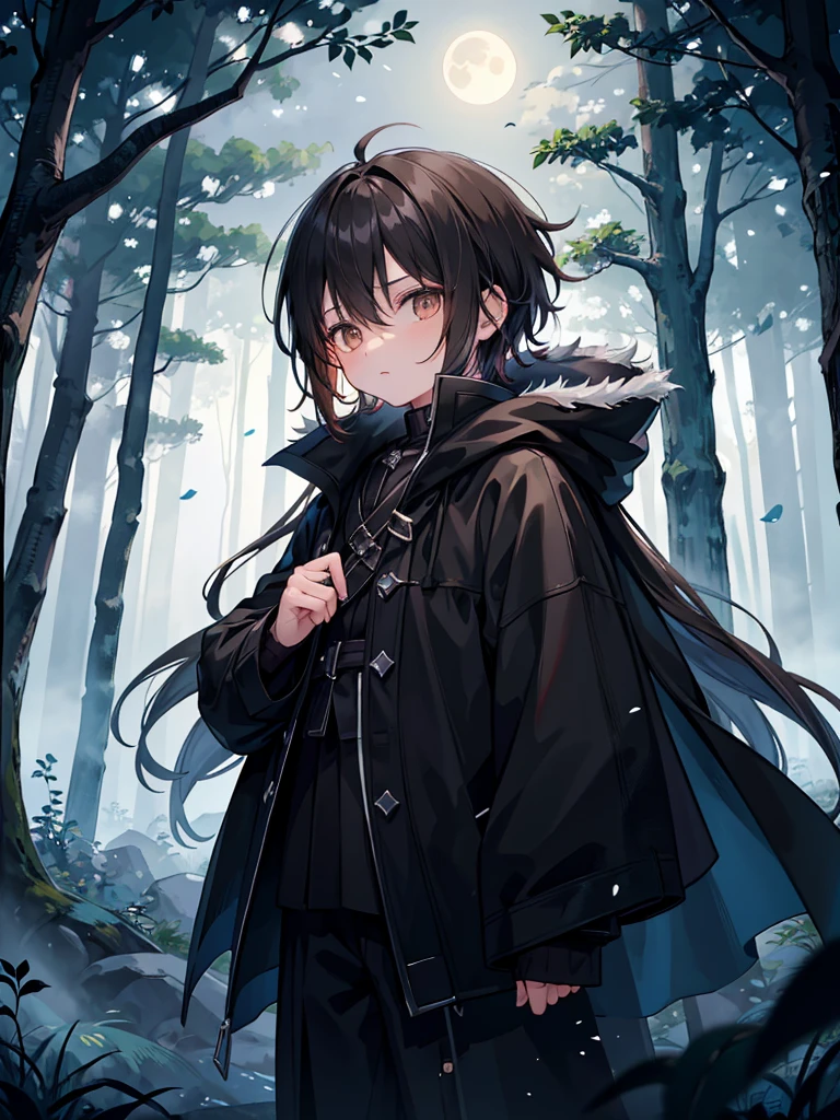 A young 10-year-old boy. He has warm brown eyes. His hair is a pitch black. He sports a flowing black cloak. The moonlight brightens the dark forest around him.