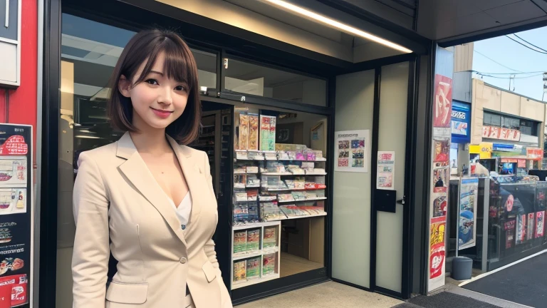 Entrance of electronics store, top quality, figure, super detailed, detailed, high resolution, 8k wallpaper, guide, beautiful in every detail, short bob, small breasts, natural colored lips, smile, Akihabara, 20 year old girl, cute Home appliance clerk store, office staff suit