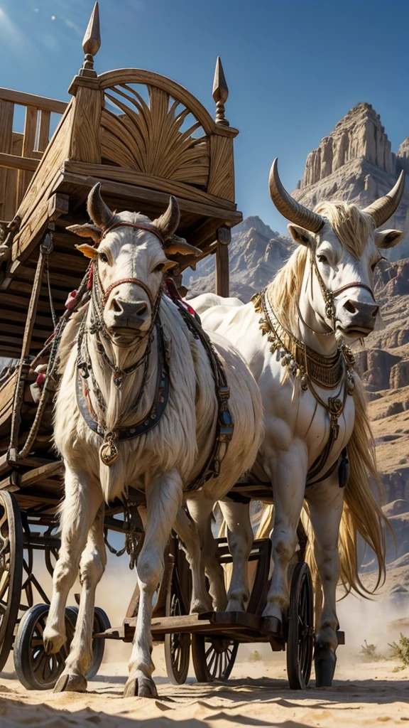 A wooden Sumerian ox cart with two solid wooden wheels, ligadas por um eixo central. Two oxen are harnessed, puxando o carro em um caminho de terra no deserto. The background shows sparse vegetation and mountains, Under a clear, sunny sky.