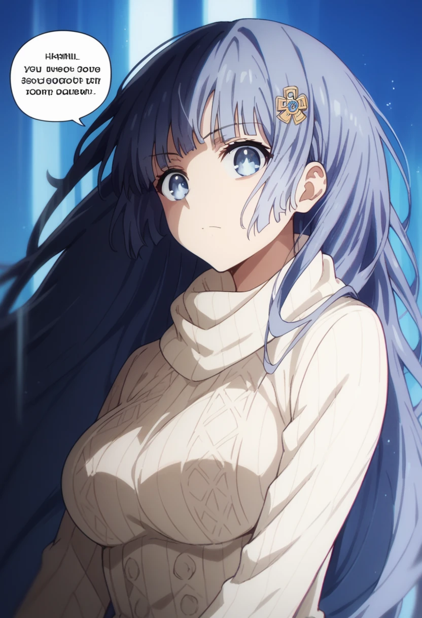 Score_9, Score_8_up, Score_7_up, anime_font, mikuizayoi, miku izayoi, bangs, blunt bangs, hime cut, hair topper, long hair, blue eyes, blue hair, solo, big breasts, nahidwin, speech bubble, english text, ((close-up))