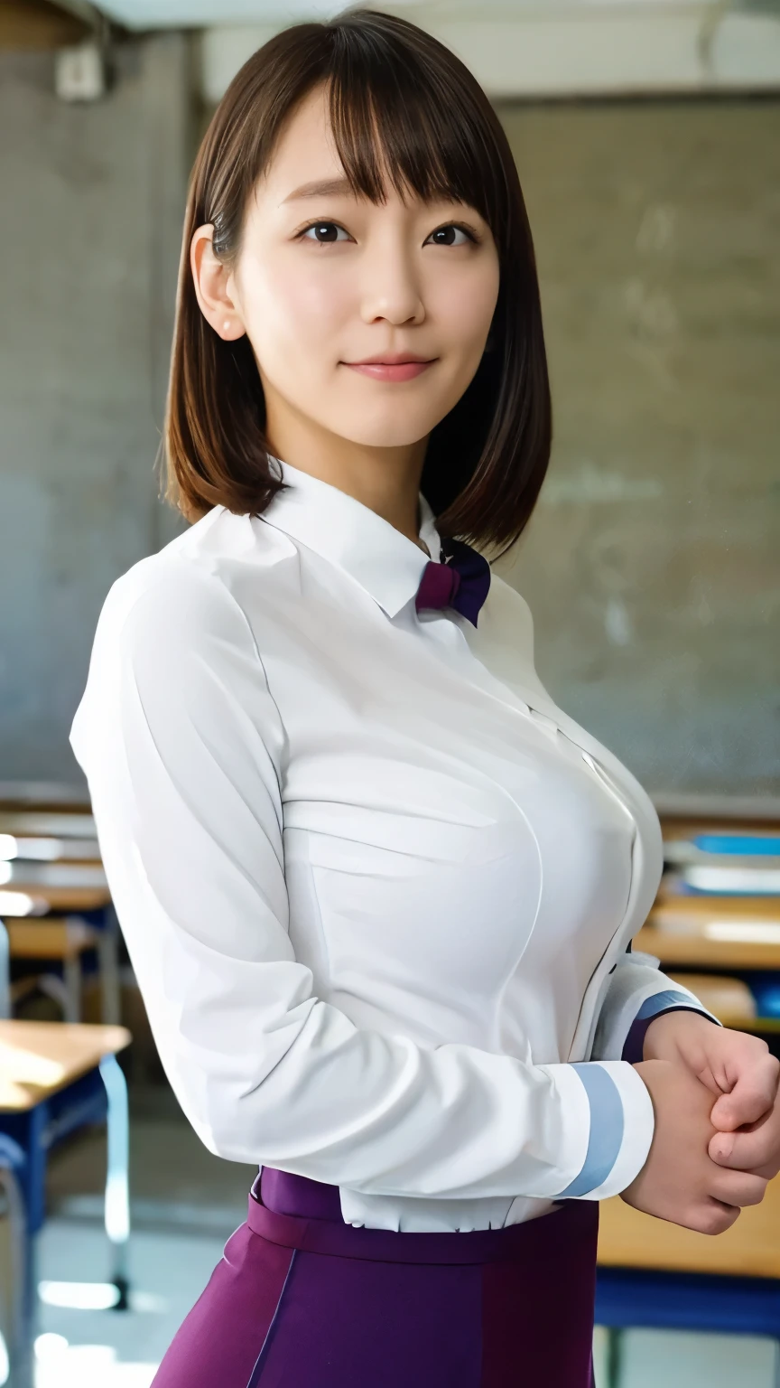 1 female、beauty,Beautiful Face,smile、,(Tight clothing、Accentuates body lines:1.5) 、(school teacher outfit:1.5),A dignified appearance,Crouch down and observe the audience、(Plump Style),((Large Breasts)),(Saggy breasts:1.5)、Front view,Focus on the chest、Ultra-realistic,Ultra-high resolution,Highest quality,8k,masterpiece,The cutest Yoshioka Riho、Filmed in a school classroom