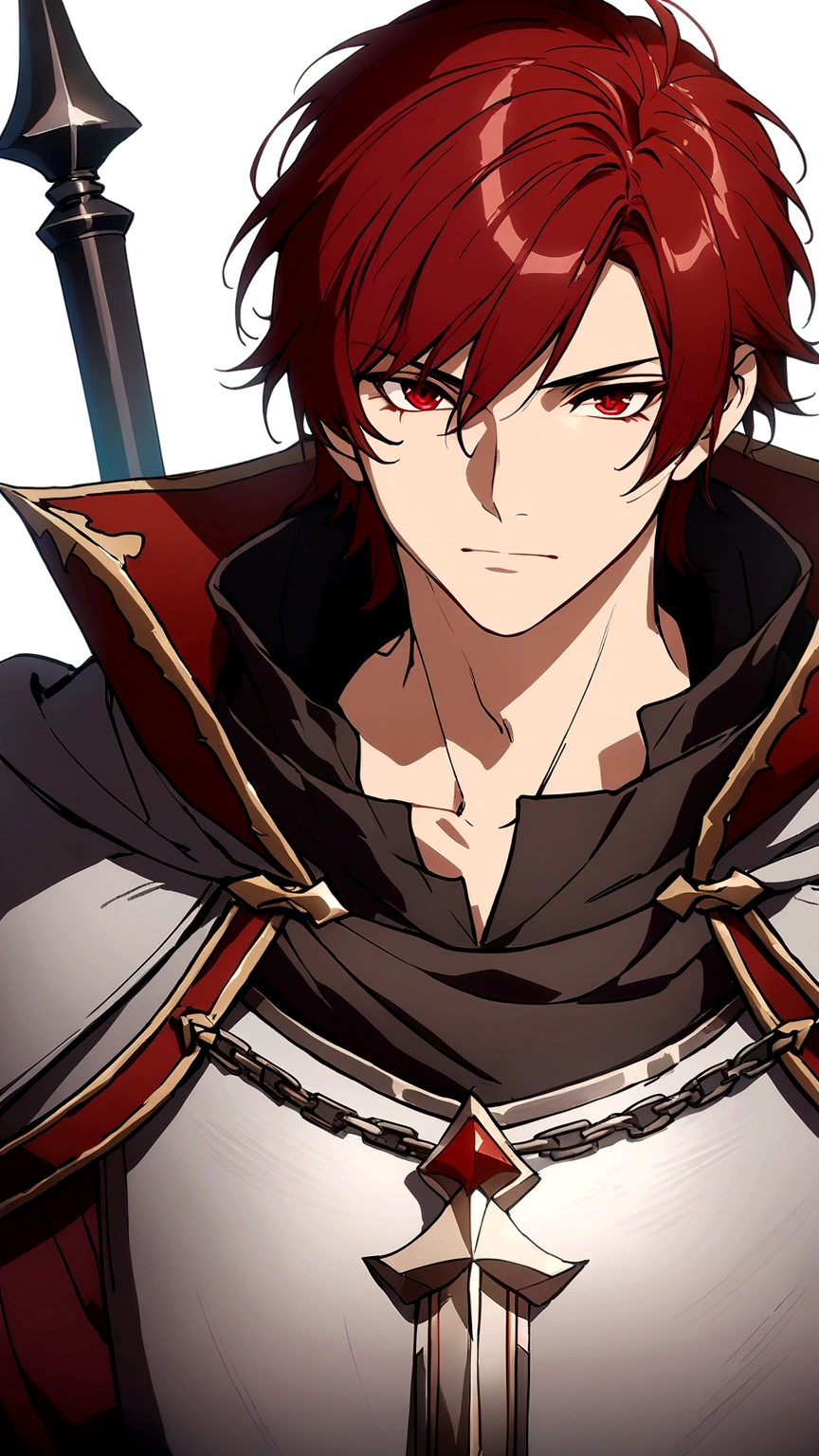 a medieval young man with short red hair, a white streak above his left eye, wearing medieval male clothing, red eyes, neutral expression, white background, extremely detailed face and eyes, high quality, cinematic lighting, digital art, concept art