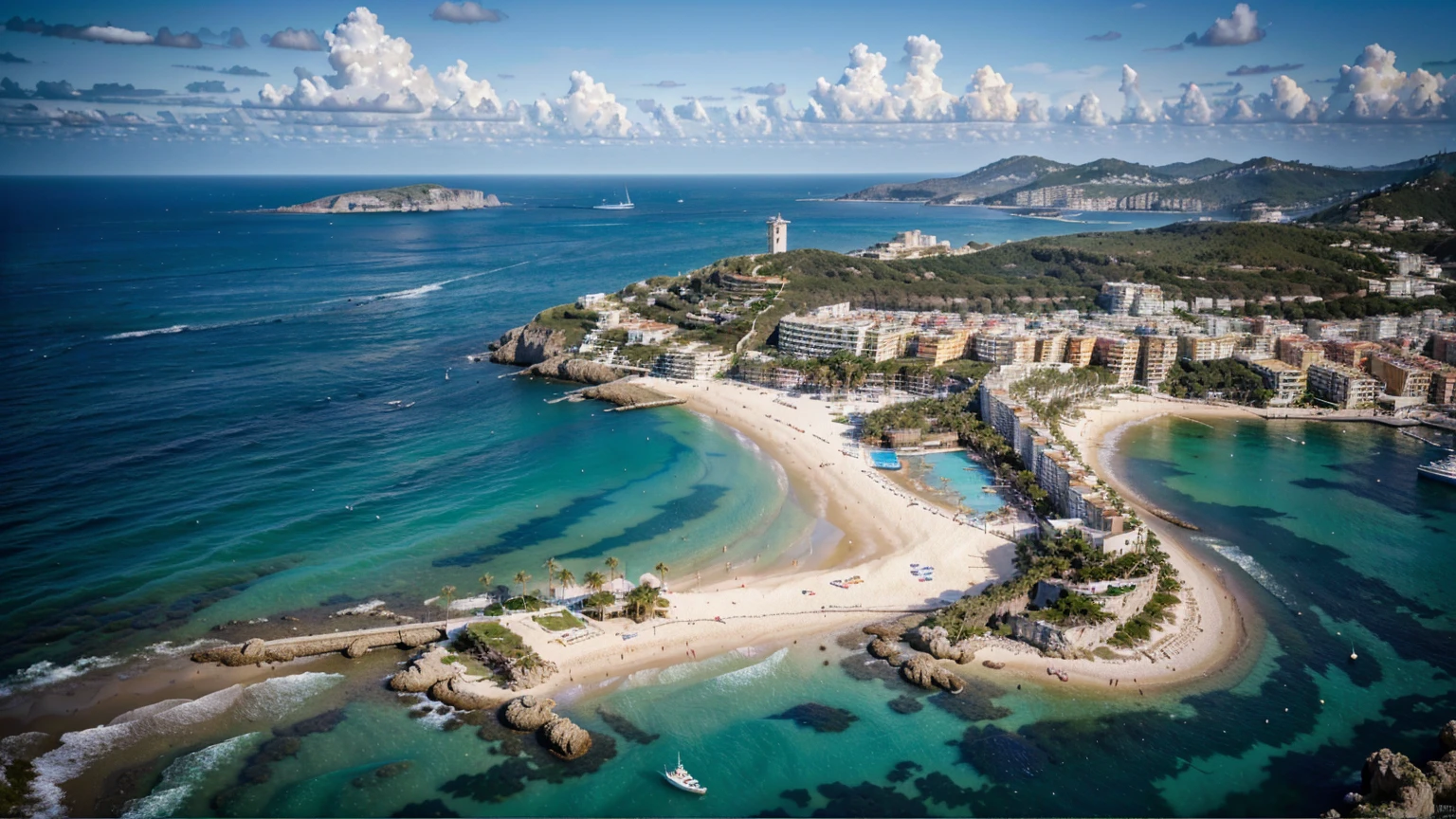 (ultra-high definition, hyper-realistic, highly detailed, high quality, sharp focus, professional lighting, vivid colors, intricate details), (beach in Ibiza Spain background with water, yachts, boats, detailed architecture, people, vibrant atmosphere), (best quality,4k,8k,16k,Highest,masterpiece:1.2),(realistic,photorealistic,photo-realistic:1.37), (extremely detailed CG unit, 16k wallpaper), 16k UHD, 16k HDR, Fujifilm XT3 sharp focus, professional lighting, vivid colors, intricate details, film grain, RAW photography, Fujifilm XT3 realistic painting art, f5.6, Utilize state-of-the-art deep learning models and adjust parameters according to quality metrics such as Structural Similarity (SSIM) and Perceptual Loss to create an image that is indistinguishable from a real, high-quality photograph, fine-tuning, (be creative),