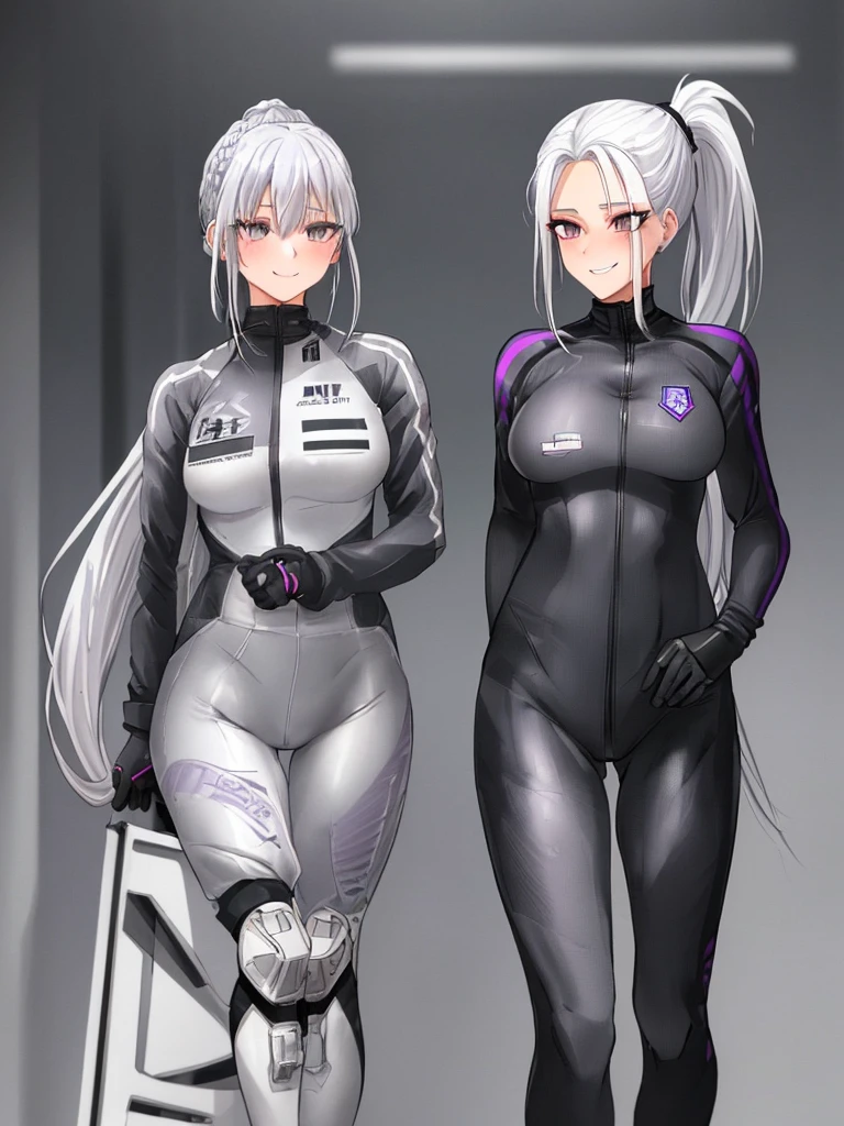 smoky white hair, platinum-gray eyes with a purple undertone, her hair is braided in a slightly loose ponytail, an unusual tight-fitting suit, flirtatious smile, accessories, bike suit, sport suit, military unifom, black suit, one girl
