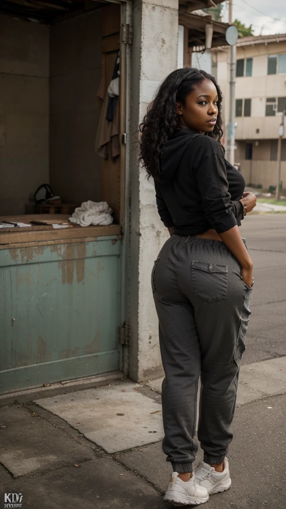 ((masterpiece)), ((best quality)), ((highres)), ((detailed background)), ((extremely detailed CG unity 8k wallpaper)), 1 girl standing straight, big butt, Create a 4K realistic image of a 50 year old milf black woman, big butt, overweight, big butt

Sge has black curly hair, shes a milf black woman , very curvy


Shes a ghetto black woman 

Ghetto, street, hood

Milf, bum

Massive butt

Facing camera,


Older, milf, old clothes 

Dirty clothes

Ghetto, full clothes, baggy sweatpants, loose pants, sagging pants, pants low, ghetto, tradhy woman

Black  skin, older woman 