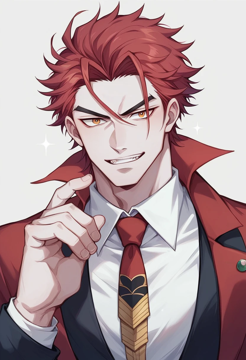anime man in a suit and tie with a dragon in the background, dragon - inspired suit, by Yang J, human and dragon fusion, handsome japanese demon boy, handsome guy in demon slayer art, epic and classy portrait, trendin on artstation, by Oliver Sin, crimson attire, black and red suit, highly detailed exquisite fanart, handsome male vampire