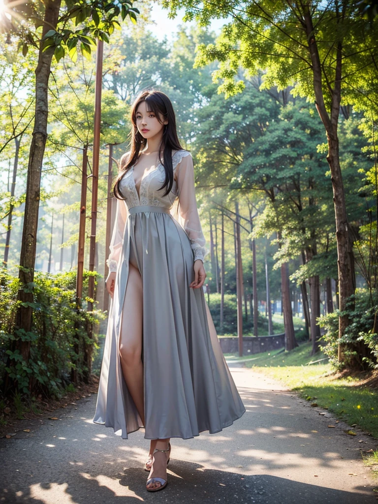 high resolution、high quality、The perfect subject、Perfect figure、Feminine body shape、Very beautiful Russian women、Gray rough long hair、Loose-fitting clothing、Dazzling morning sun、beautiful natural scenery