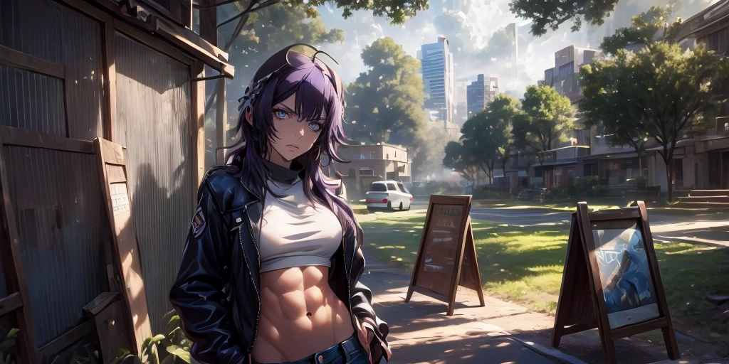 MC, ahoge, (long hari, purple hair:1.3), hair ornament, dark-blue eyes, anatomically correct, heavy breathing, mature female, 1girl, solo, breasts, looking at viewer, navel, jacket, outdoors, sky, day, midriff, pants, cloud, tree, black jacket, crop top, muscular, abs, denim, goggles, building, goggles on head, jeans, hands in pockets, muscular female, road sign, leather jacket, reflective, (fog:1.3), hollow eyes, bright pupils, dark-blue eyes, looking at viewer. glowing eyes heavy breathing, expressionless, glaring eyes,