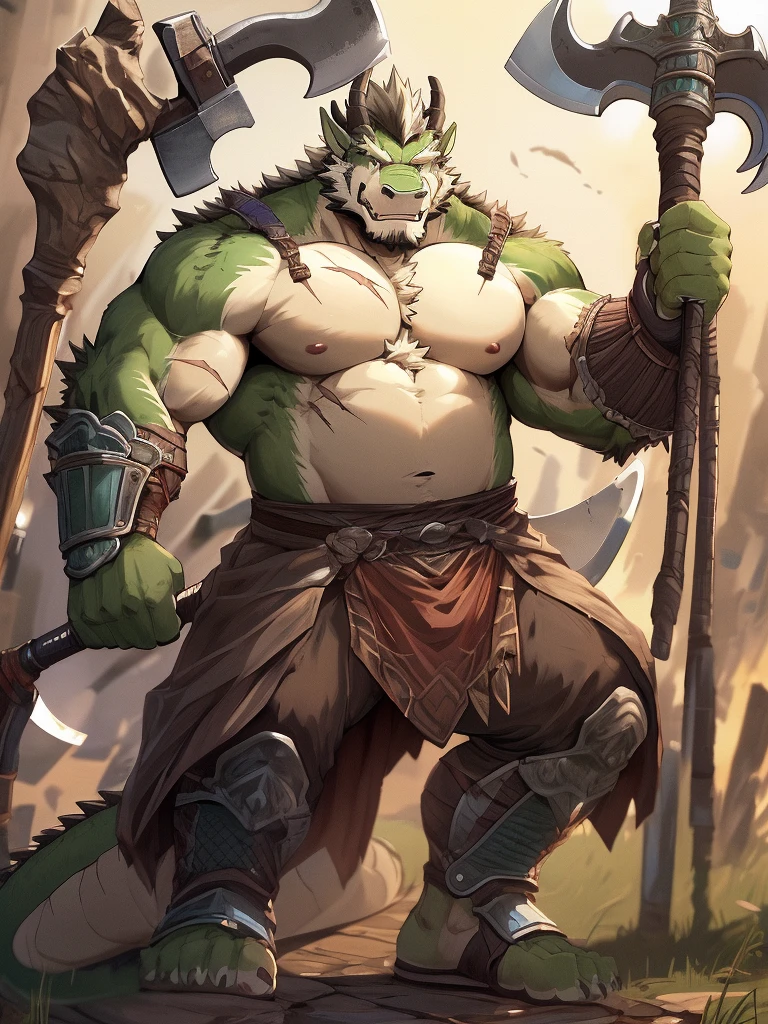 a furry eastern dragon, long whisker, green fur, bare chest, big chest, big build, warrior waist armor, sandal, ((eastern dragon), ((green dragon)), ((waist armor)), furry art, full body, mature, tall, daddy, muscular, rounded face, ((no coat)), ((berserker)), scar body, (scar), bare body, many scars on body, scar face, long beard, very muscular, beefy body, (((bare chest))), (((large pecs))), (((hold a great axe))), action pose