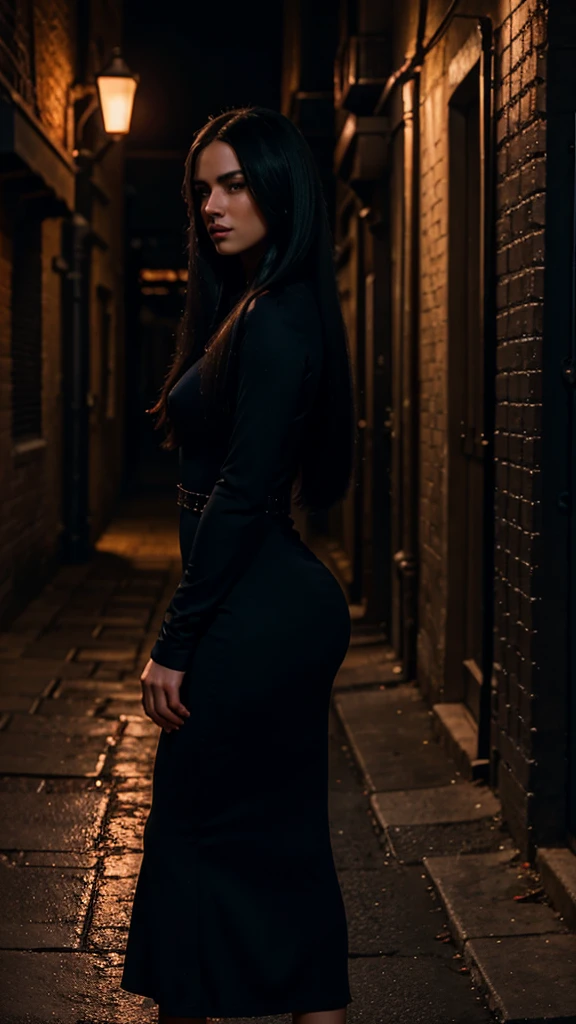 a beautiful woman with long black hair, piercing blue eyes, wearing a tight red dress, standing in a dark alley at night, moody lighting, cinematic, hyper-realistic, 8k, extremely detailed