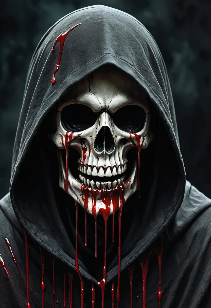 A detailed close up dark grim reaper hooded skull ((floating equipped with elongated schythe)) with ((decaying fading effect)) dull color , ((blood dripping)) with tormented in agony expression. Using expressionism art with ((high resolution , clear clarification with detailed refine image))