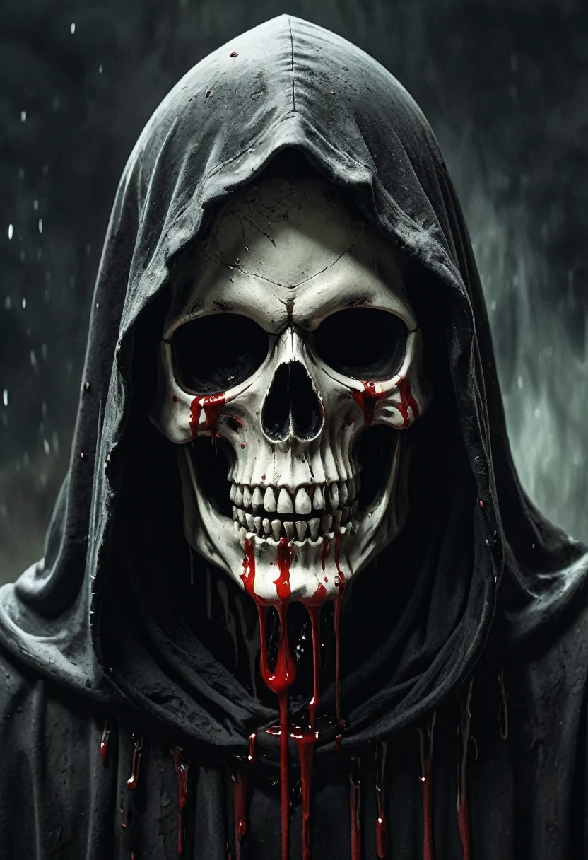 A detailed close up dark grim reaper hooded skull ((floating equipped with elongated schythe)) with ((decaying fading effect)) dull color , ((blood dripping)) with tormented in agony expression. Using expressionism art with ((high resolution , clear clarification with detailed refine image))