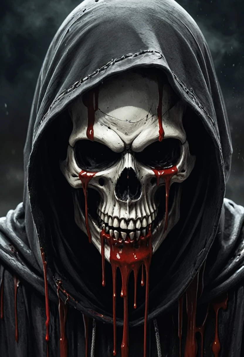 A detailed close up dark grim reaper hooded skull ((floating equipped with elongated schythe)) with ((decaying fading effect)) dull color , ((blood dripping)) with tormented in agony expression. Using expressionism art with ((high resolution , clear clarification with detailed refine image))