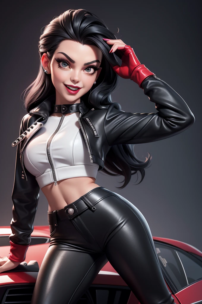 obra prima, melhor qualidade, 2 women, (emma peel vamp 70yo face wrinkles,) head back, sassy wicked girl, big toothy smile, open mouth, (( white lipstick,)) thick smoky black eye shadow, long fake eyelashes, raven black mullet hair, ((cherry red leather biker jacket and pants,)) with studs zippers snaps, shiny leather gloves, body is skinny, laying down on hood of sports car, shiny tight buttocks, dazzle pose, pinup pose, exaggerated selfie pose, camera view of whole body, looking up at me, shallow depth of field, highres, HD, 8k, anatomically correct