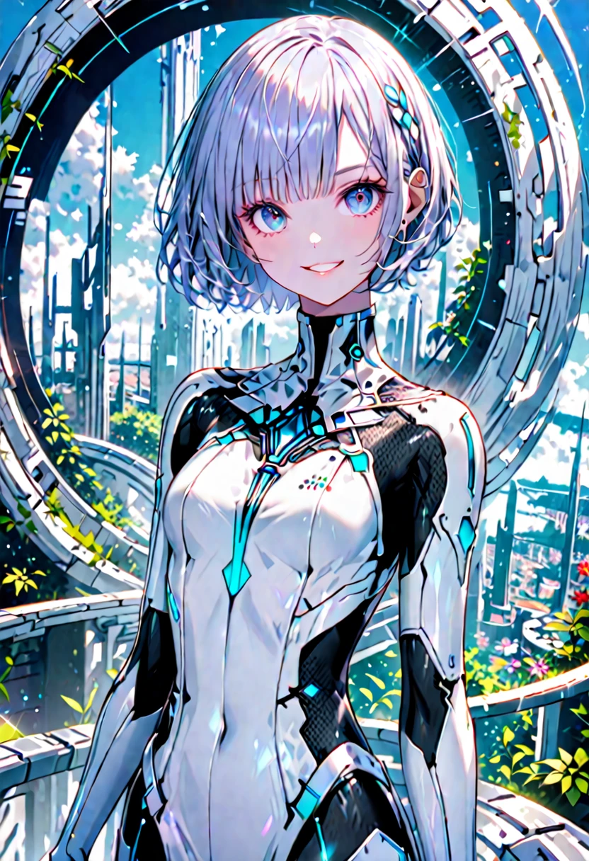 Solo, female, virtual avatar, short hair, smile, Juno, ai personification, futuristic, day, arcology