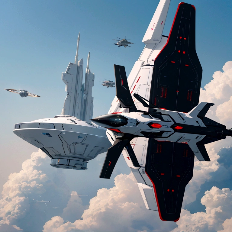 View from afar ((only, Individuality)) Spaceship, Helicopter Style ((Not even in the air.)), Of struggle, futurist, ((Length: 500 meters)) ((5 meters, width)) ((Right side character, Left character))shield, futurist, Money, white, Money属, flat. Future War, Flying in Space ((dull)) (Realistic 8K)
