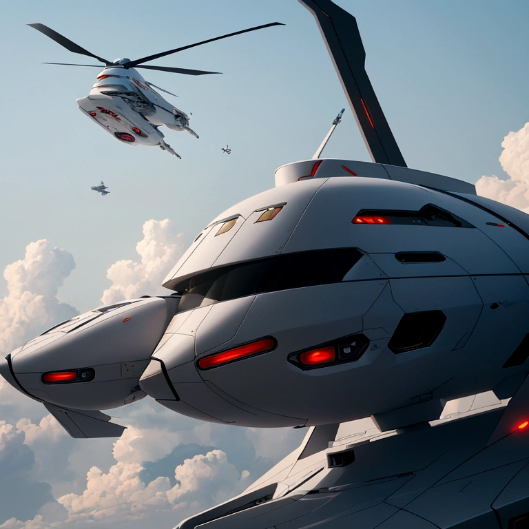 View from afar ((only, Individuality)) Spaceship, Helicopter Style ((Not even in the air.)), Of struggle, futurist, ((Length: 500 meters)) ((5 meters, width)) ((Right side character, Left character))shield, futurist, Money, white, Money属, flat. Future War, Flying in Space ((dull)) (Realistic 8K)