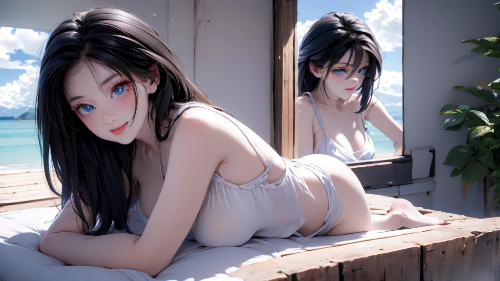 1 girl, medium light black hair, light blue eyes, wearing y outfit , sea , Sex high res, ultrasharp, 8K, masterpiece, Looking from the front 18+