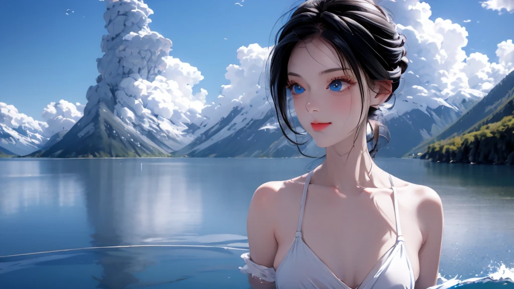 1 girl, medium light black hair, light blue eyes, wearing Sexy outfit , sea , Sexy , high res, ultrasharp, 8K, masterpiece, Looking from the front 18+