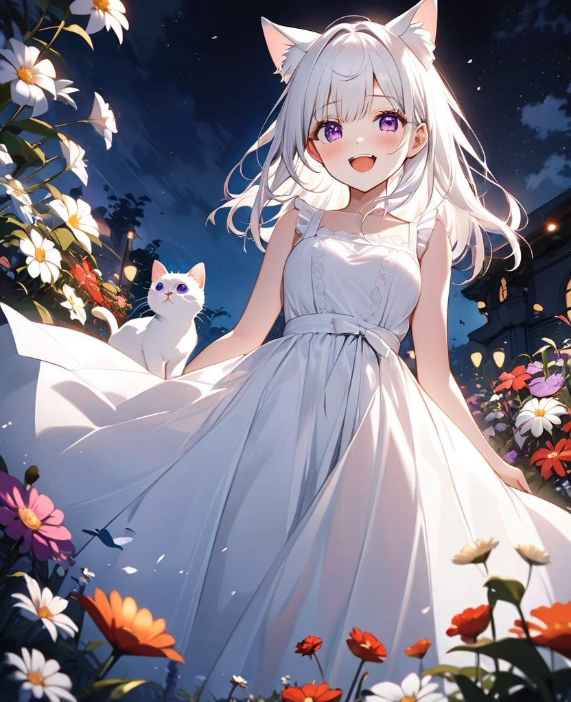 Attractive long white hair, Detailed and precise manual work, Attractive girl, White cat ears, look at me, Purple eyes with white eyelashes,Her cheeks turned red、laughing,It has a large white feather, A subject that stands out against the dark night sky,In the center of the flower garden, White Dress, Dramatic moonlight that makes your subject stand out, Dynamic shot from below,