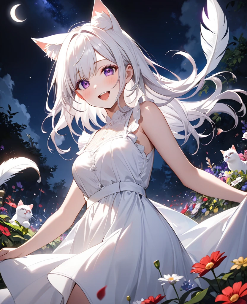 Attractive long white hair, Detailed and precise manual work, Attractive girl, White cat ears, look at me, Purple eyes with white eyelashes,Her cheeks turned red、laughing,It has a large white feather, A subject that stands out against the dark night sky,In the center of the flower garden, White Dress, Dramatic moonlight that makes your subject stand out, Dynamic shot from below,