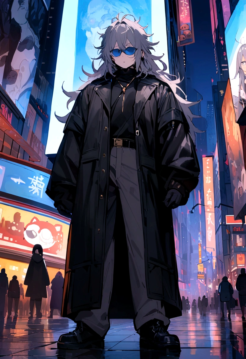 (Highest quality,4k,8k,High resolution,masterpiece:1.2), 2D, One boy, Gray Hair, Messy Hair, blue eyes, Wear sunglasses, Wear a black jacket, 180cm tall full body, Puzzled face、Turn your face slightly to the left、Times Square at night in the background、