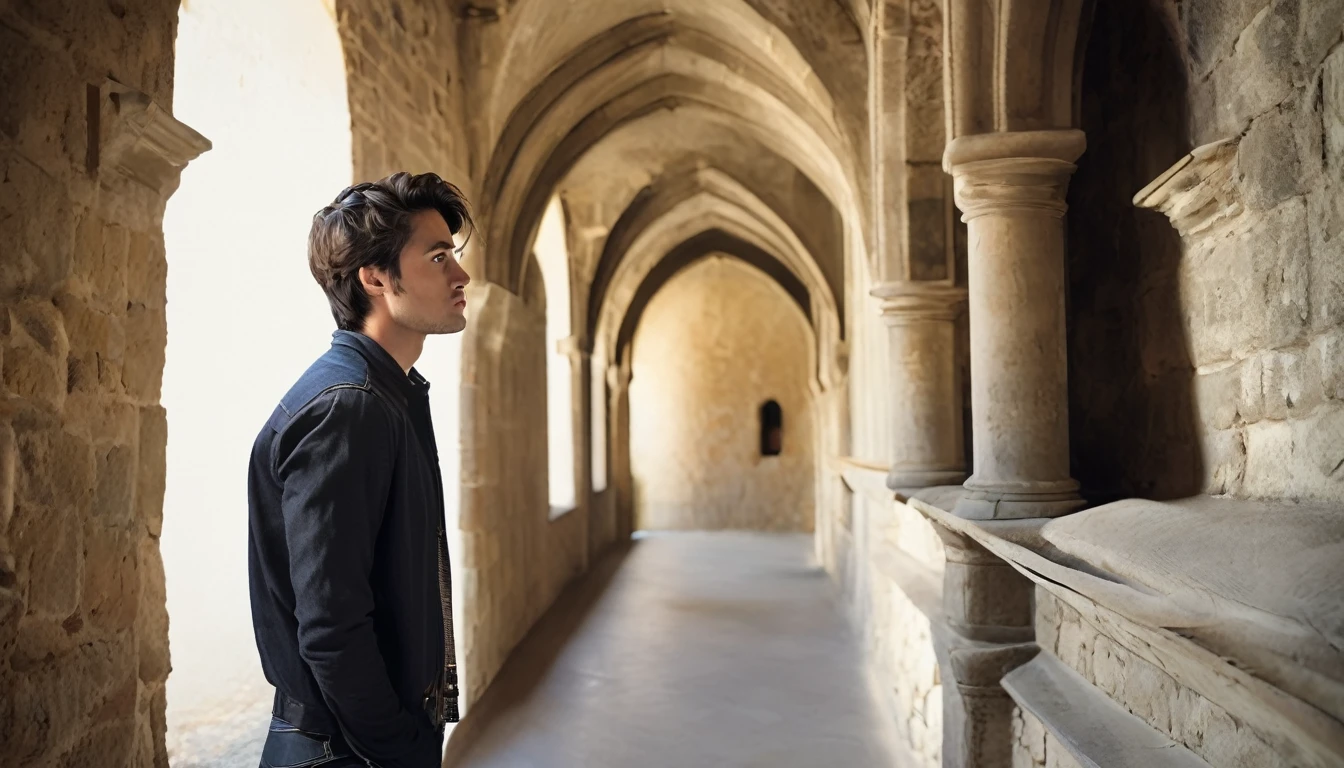 handsome young man alone sad and melancholy in half profile in a castle corridor