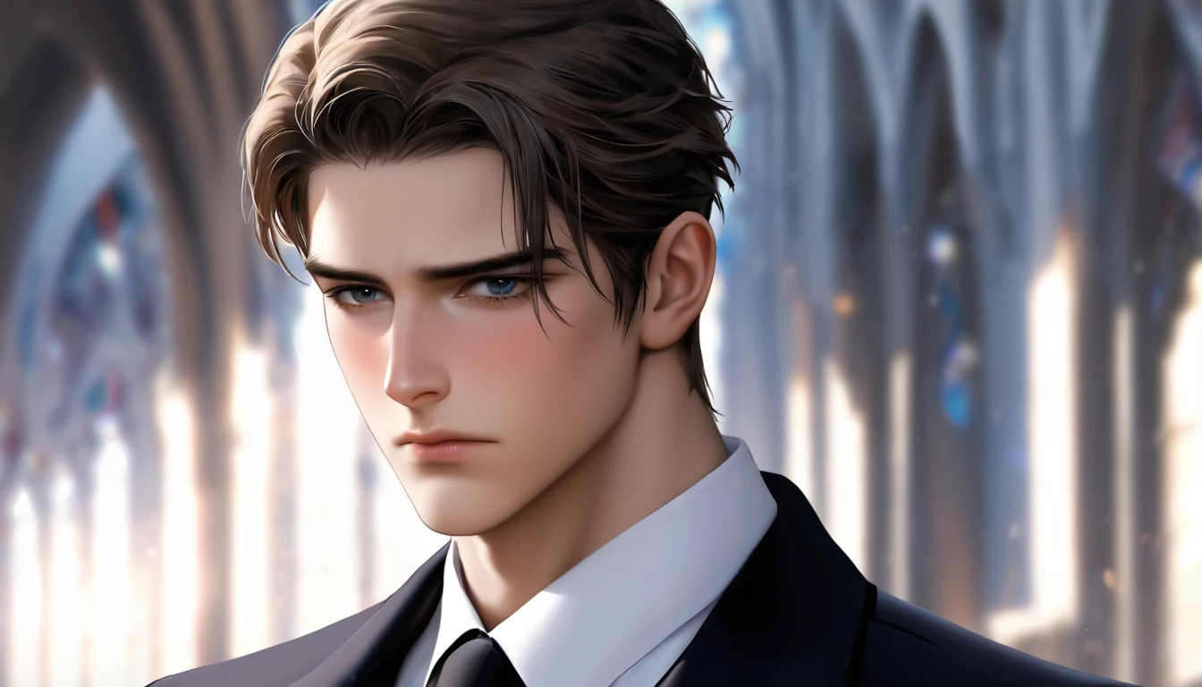 handsome young man alone sad and melancholy in half profile in a castle corridor