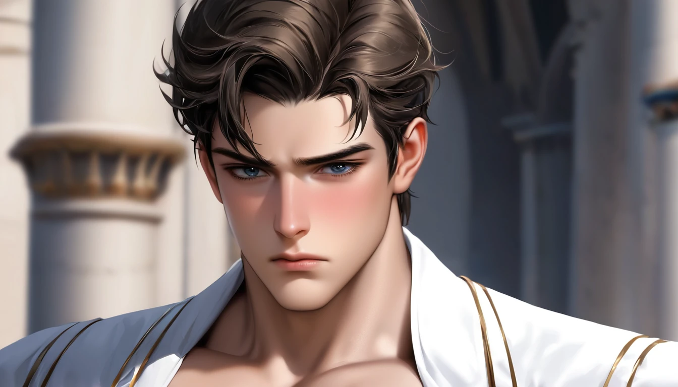 handsome young man alone sad and melancholy in half profile in a castle corridor