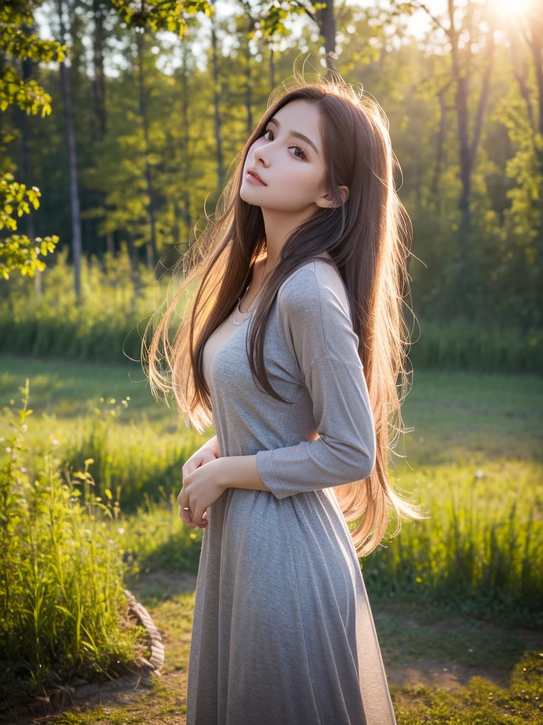 high resolution、high quality、The perfect subject、Perfect figure、Feminine body shape、Very beautiful Russian women、Gray rough long hair、Loose-fitting clothing、Dazzling morning sun、beautiful natural scenery