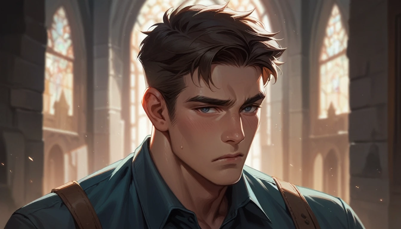 handsome young man alone sad and melancholy in half profile in a castle corridor