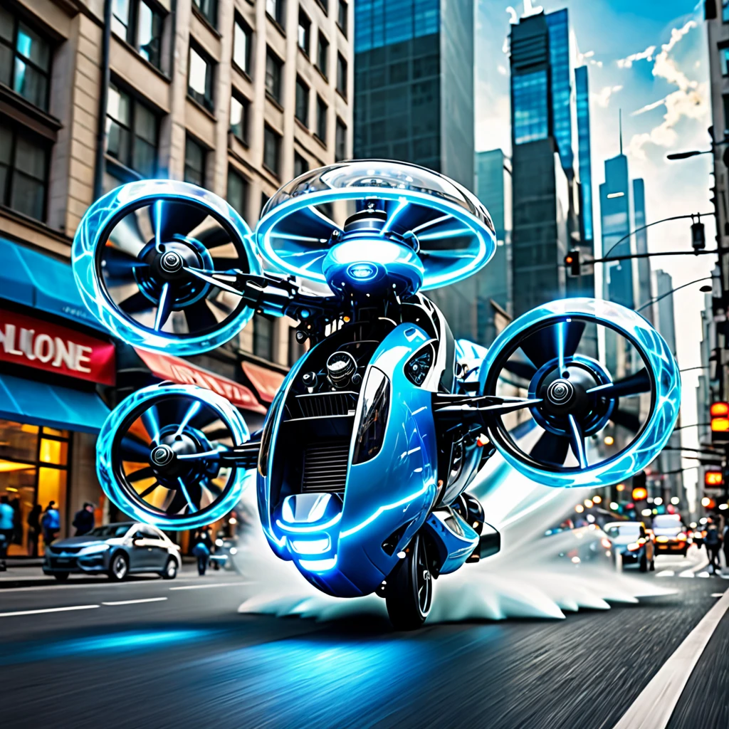 The (flying motor vehicle with Rotors propeller) is a translucent fractal emitting a glowing shell of azure lightnings, bold composition, Motion Blur, speedy action, detailed. The background is a City street 